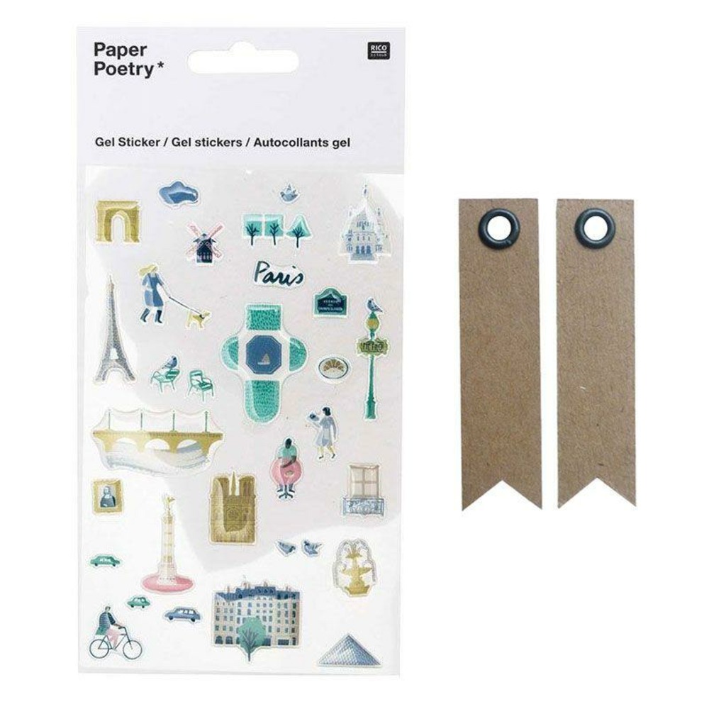 Stickers gel transparent cities paris + 20 étiquettes kraft fanion