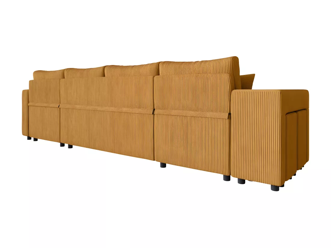 Canapé panoramique Oslo convertible avec 2 coffres, 2 poufs à gauche en velours côtelé jaune - L311 x P146 x H81cm - Loungitude
