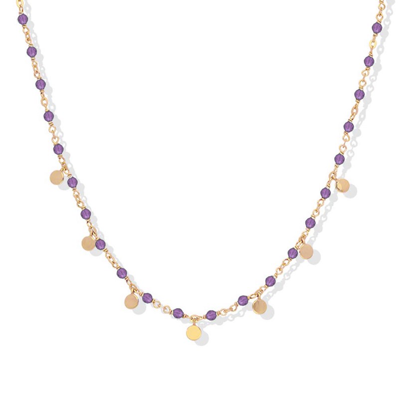 Collier Argent Doré Petites Perles Pampilles Et Pierre Améthyste
