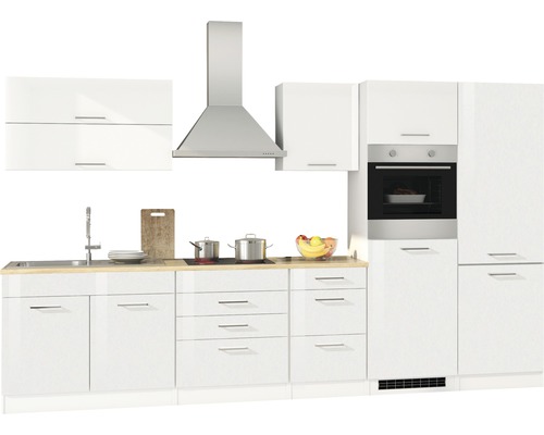 Held Furniture keukenblok met apparatuur Milan 350 cm wit hoogglans gedemonteerd omkeerbaar model 628.1.6210