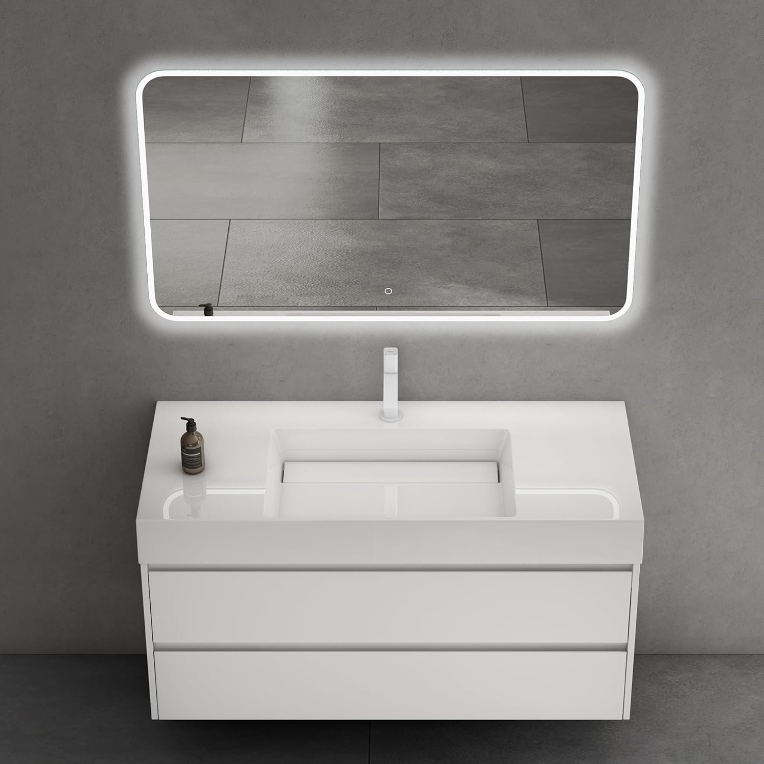 doporro Badmöbel Set mit Waschtisch Badezimmer Unterschrank Wandmontage Waschbeckenunterschrank Matt Weiß 120x48x63cm inkl. Waschbecken aus Mineralguss und LED-Badpiegel Deep