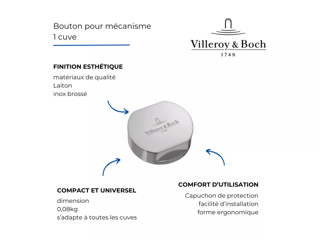 Bouton pour mécanisme 2 cuves, VILLEROY & BOCH en laiton finition inox brossé