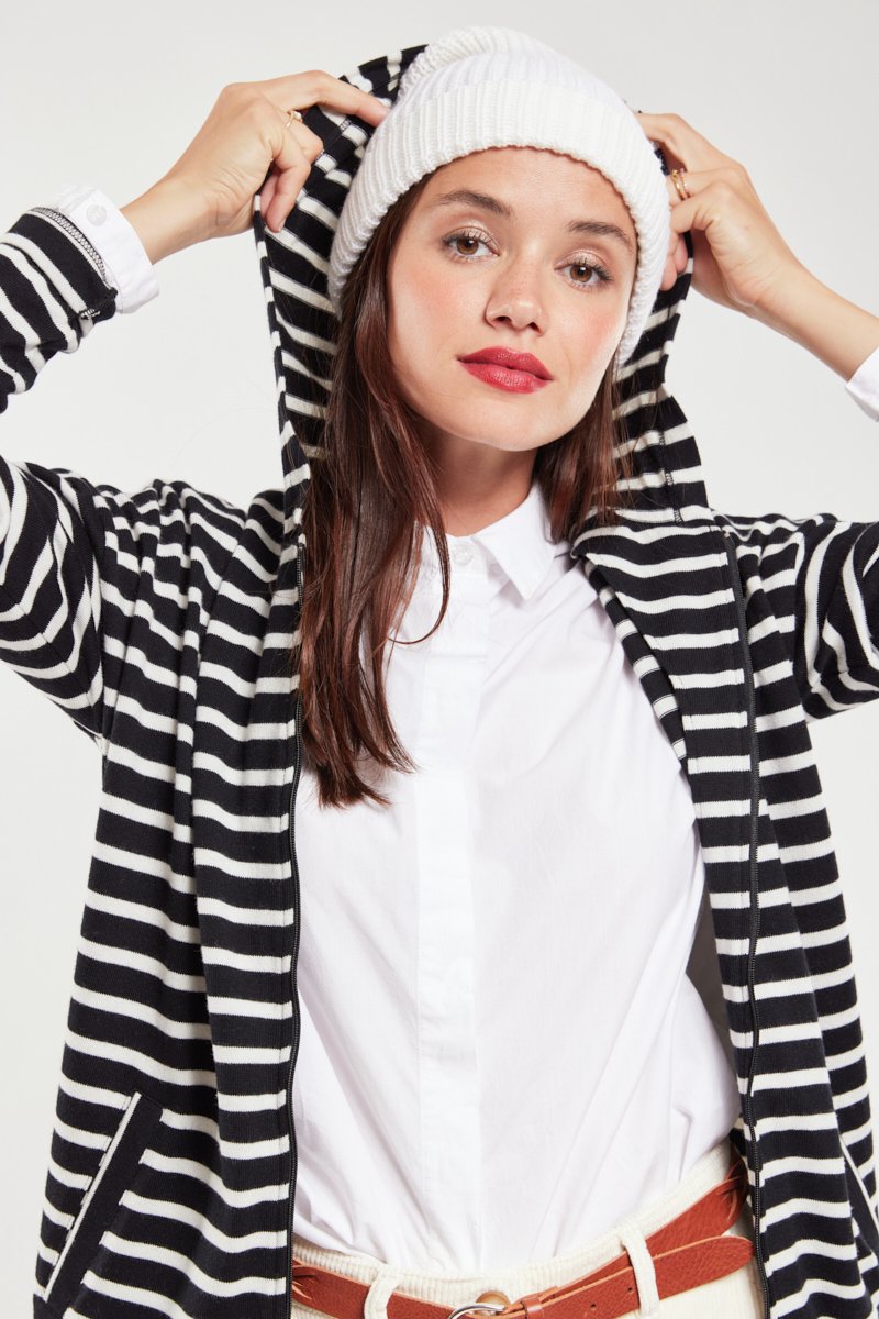 Sweat rayé à capuche - coton et laine