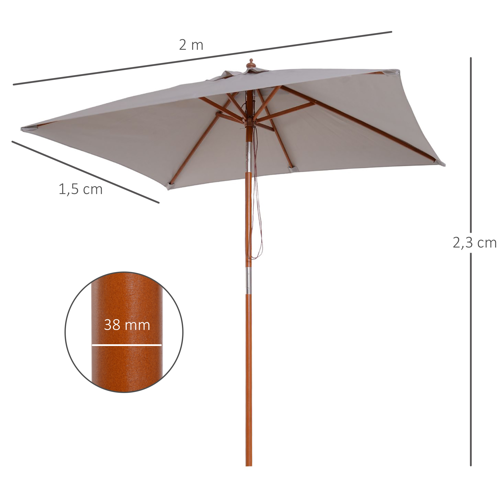 Guarda-sol de jardim retangular Outsunny 200x150x235 cm com ângulo ajustável, proteção UV, impermeável e haste de madeira para praia, pátio e uso externo, cinza.