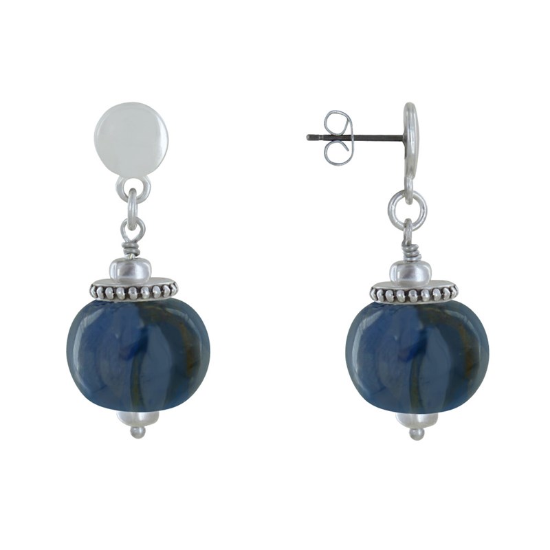 Boucles d'Oreilles Clous Métal Argenté et Grosses Perles en Céramique