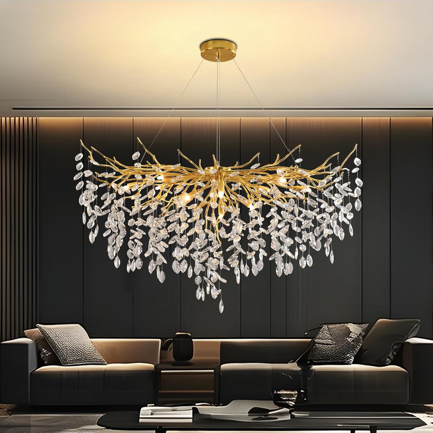Modern Kronleuchter Kristall Golden, Große Luxus Raindrop Pendelleuchte, Rund Kristall Hängeleuchte Light Fixture, Luxury Tree Branch Kronleuchter für Kücheninsel, Esszimmer, 120cm