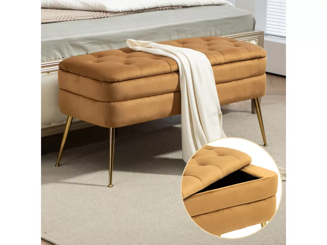 Banc rembourré ottoman de rangement, repose-pied pour entrée, salon et chambre à coucher, en velours Teddy, 104x40x51cm, café