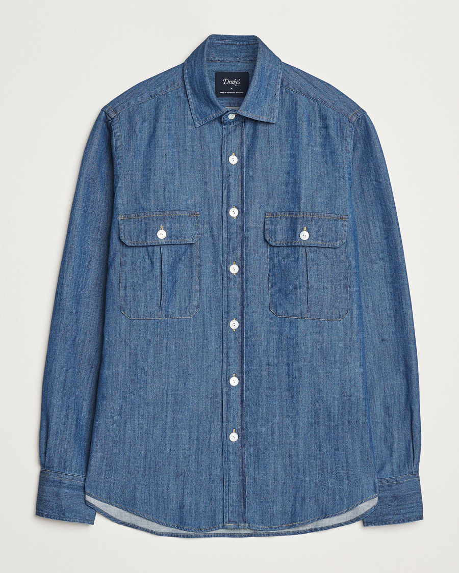 Drake's Denim Cotton Two Pocket Work Shirt Blue