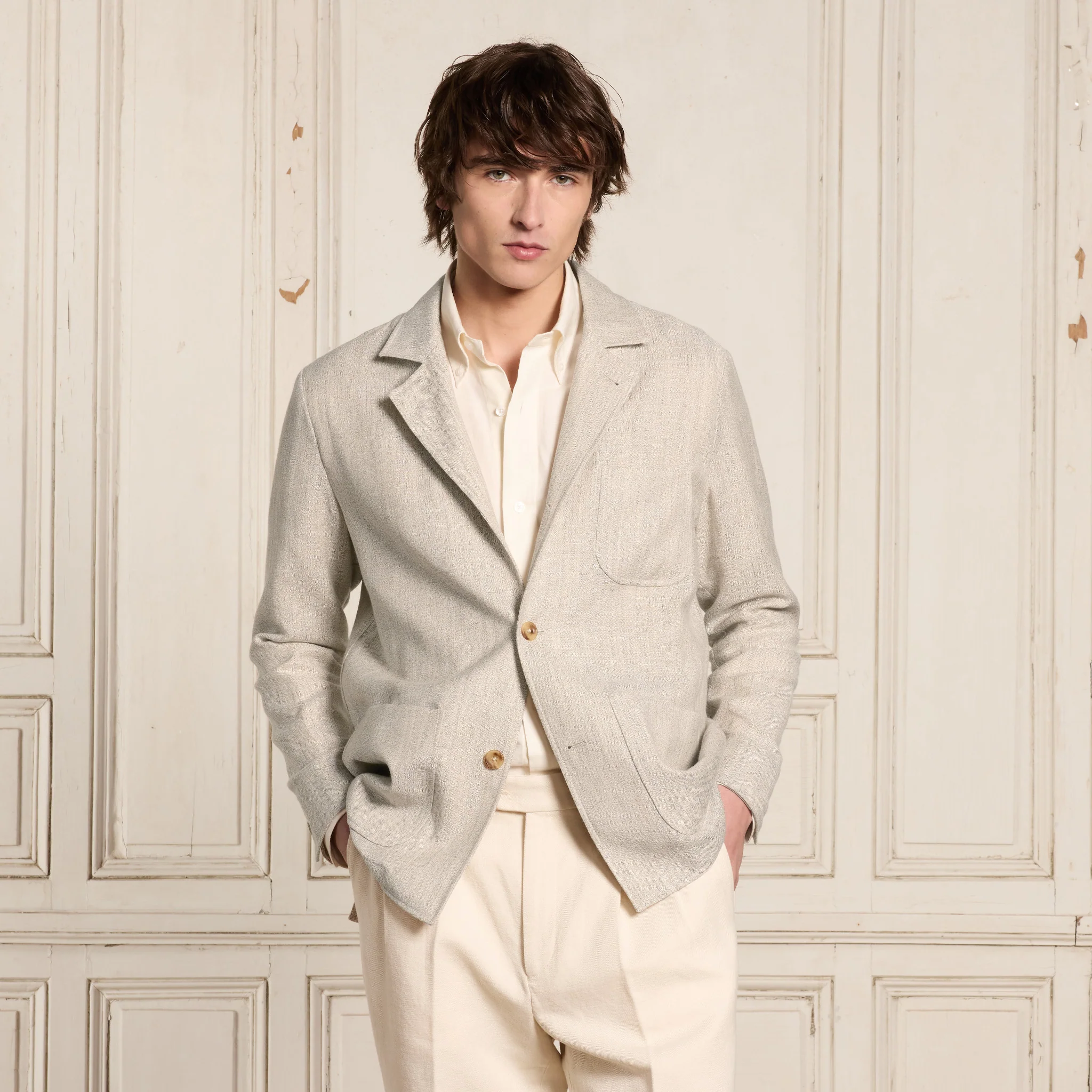 Unstructured suit jacket in mottled beige wool and linen