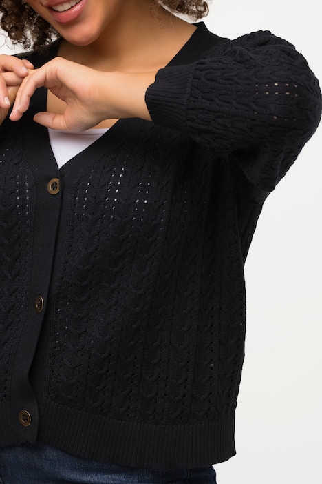 Strickjacke, Zopf-/Ajourmuster, V-Ausschnitt, 3/4-Arm