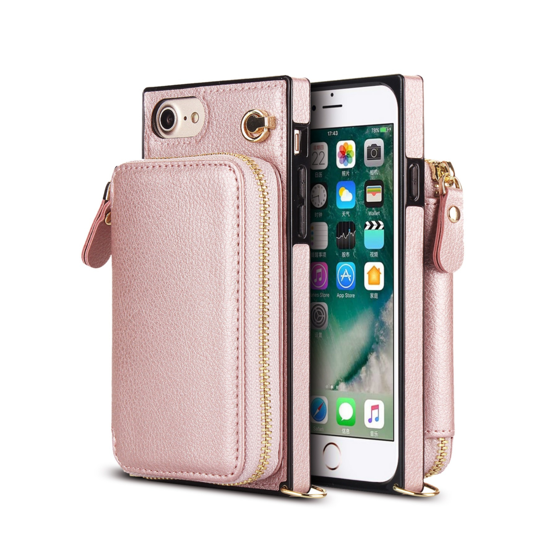 iPhone SE (2022/2020) / 8 / 7 / 6S Necklace Leder Schutz Hülle mit Kartenfächer   Handykette (140cm) - Roségold