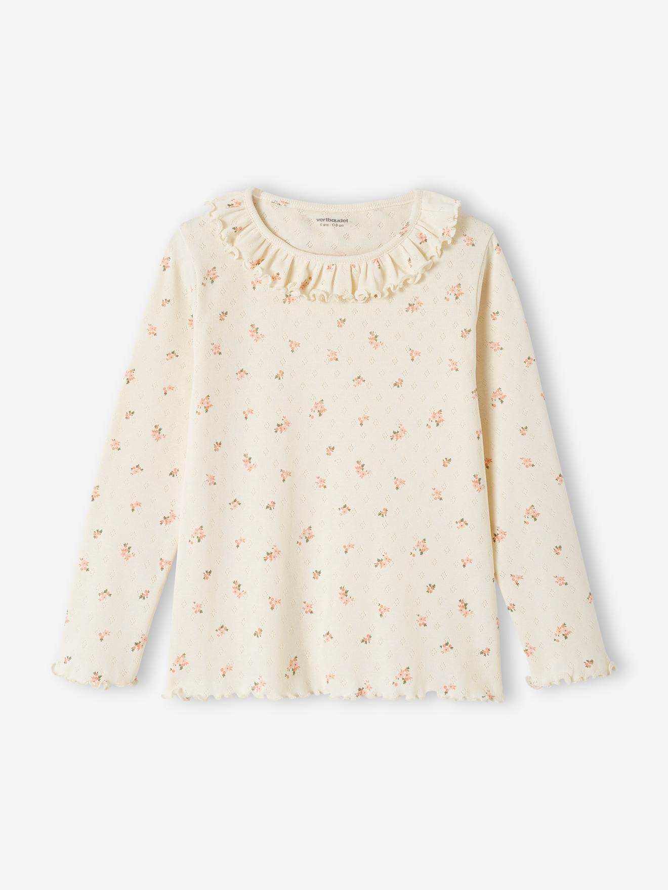 Pijama de malha vazada com estampa floral para meninas, cor cru