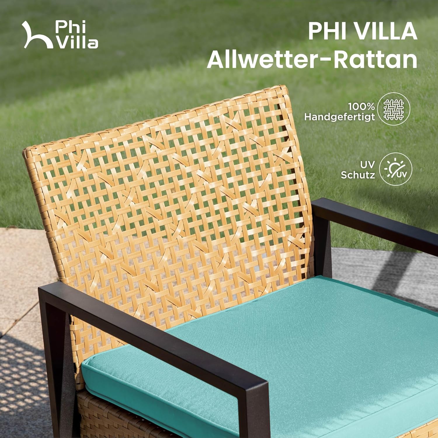 PHI VILLA Gartenmöbel Balkonmöbel Set mit 1 x 2-Sitzer Sofa, 2 x Sessel und 1 x Tisch, 4 Personen Outdoor Lounge Möbel Gartensofa. Wetterfest Rattan Balkon Lounge für Terrasse, Minzgrün und Gelb