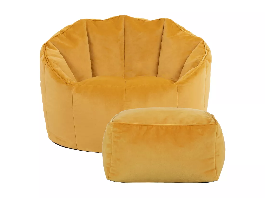 Pouf fauteuil avec repose-pied velours jaune ocre - SIRENA