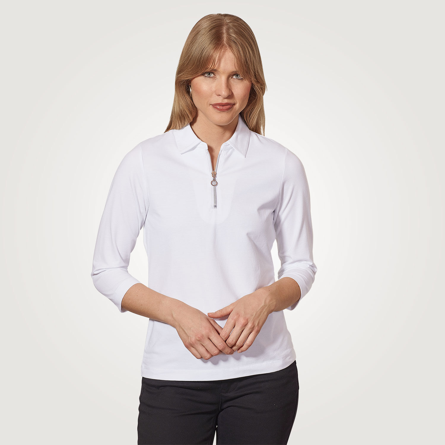 Uni Poloshirt mit Reissverschluss und 3/4 Ärmeln