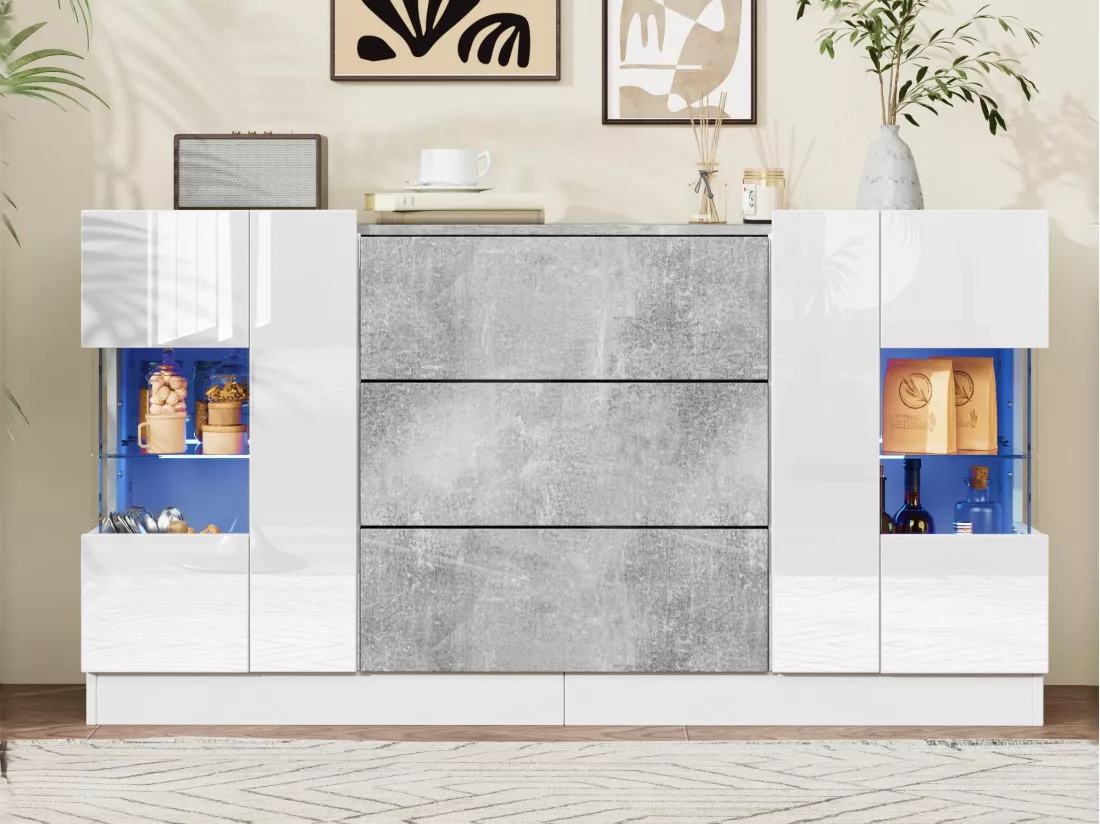 Buffet avec LED - 2 portes et 3 tiroirs - façade blanche brillante et aspect marbre gris - Blanc