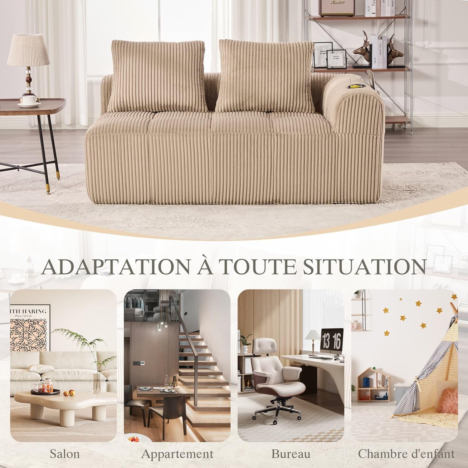 Canapé en Velours côtelé Moderne avec 2 Coussins, 2 Poches latérales, Canapé de Loisirs Modular 2 Places avec 2 Porte-gobelet, Canapé d'angle pour Salon, Bureau (Khaki) UW1265353