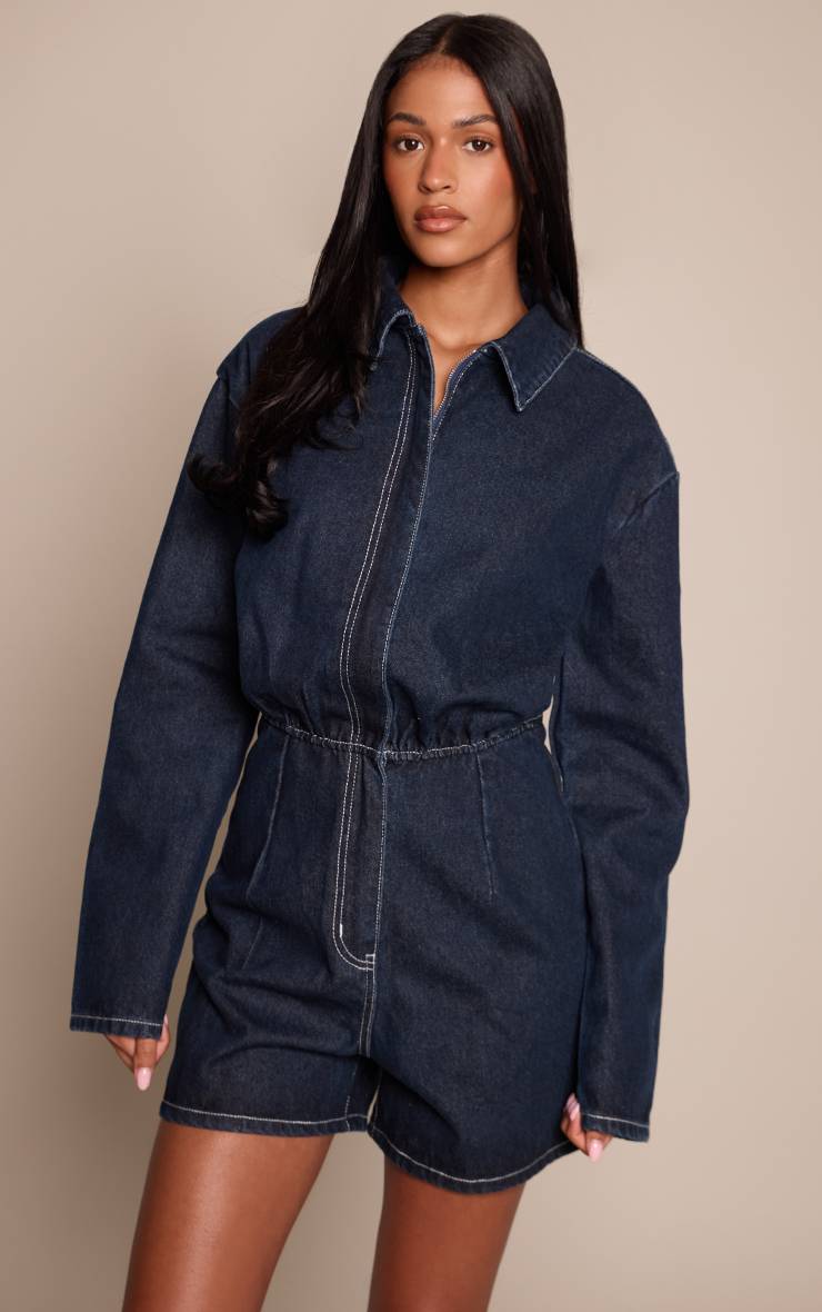 Raw Indigo Wash Combi-short En Jean Indigo Brut À Manches Longues Pour Grandes Tailles