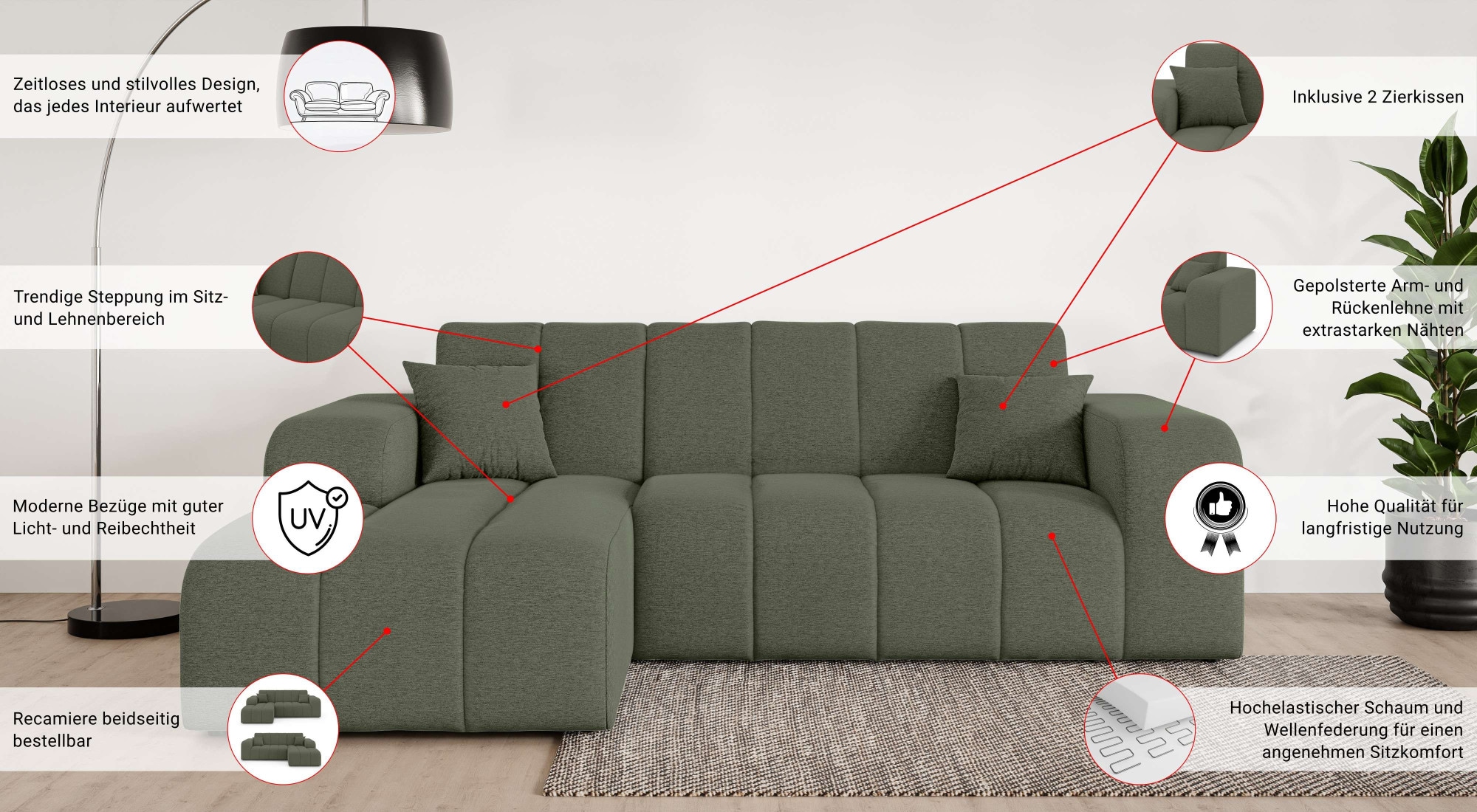 GOODproduct Ecksofa »CASSY L-Form, Schlafsofa mit Bettkasten, Masse B/T/H: 245/165/88 cm« mit 2 Rückenkissen, Recamiere rechts oder links bestellbar