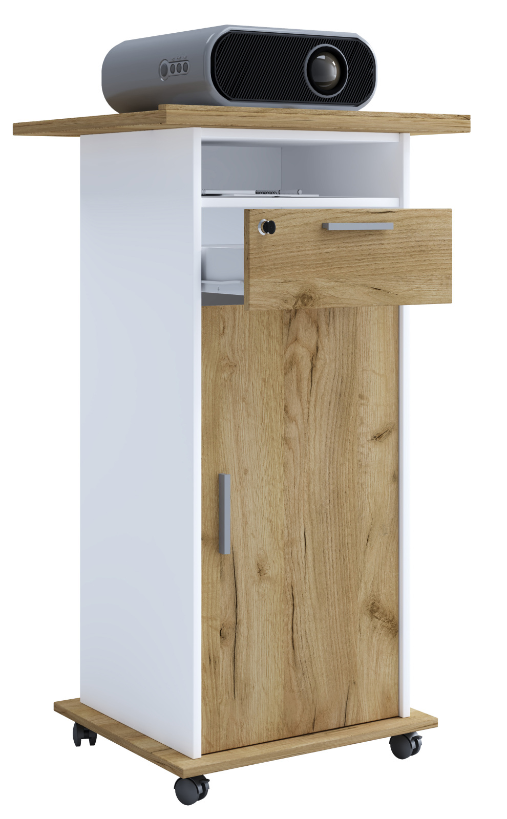 Beamer-Stand NETA - weiß - Honig Eiche - mit Tür - 108,3 cm hoch