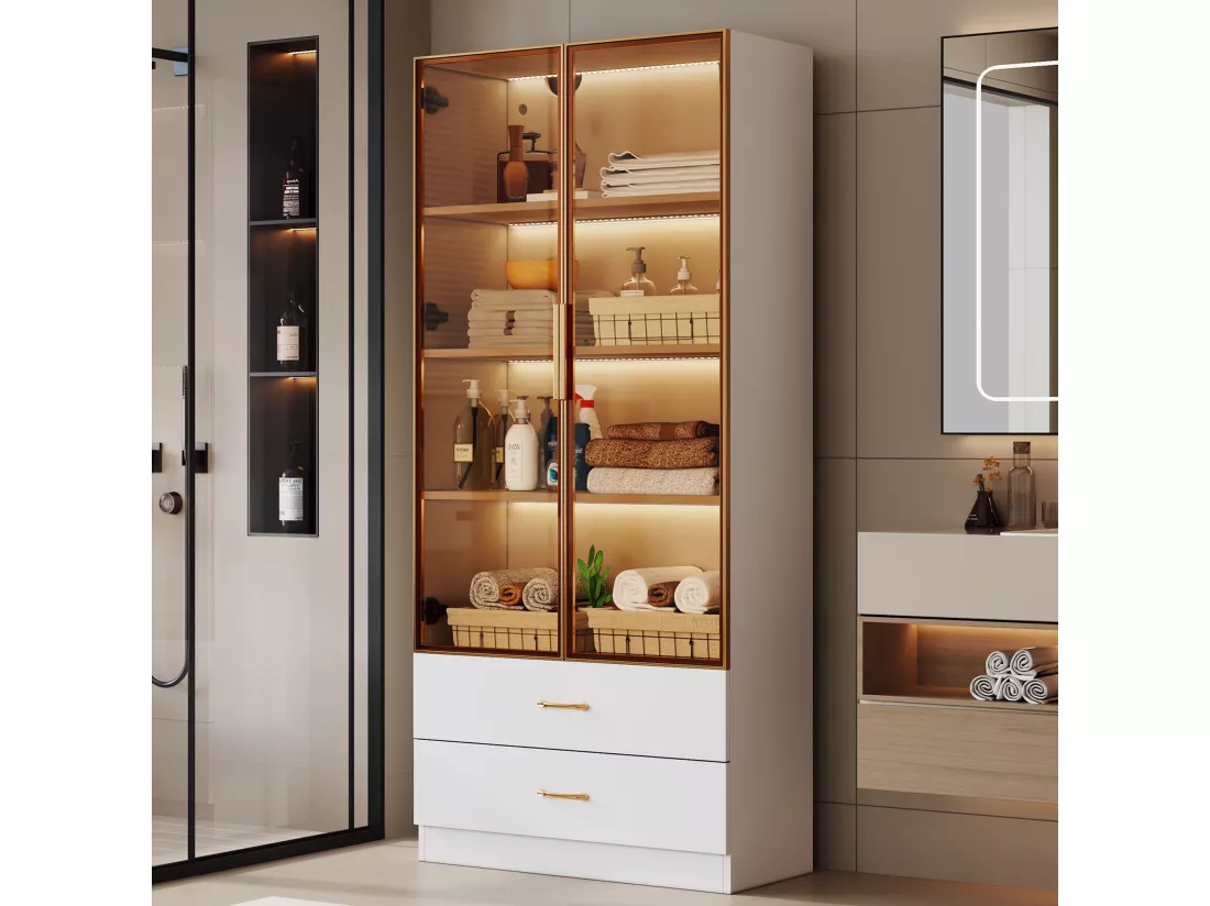 Vitrine, buffet haut avec 2 tiroirs et 2 portes en verre - 75 X 34.5 X 170 cm - Bois MDF - Marron