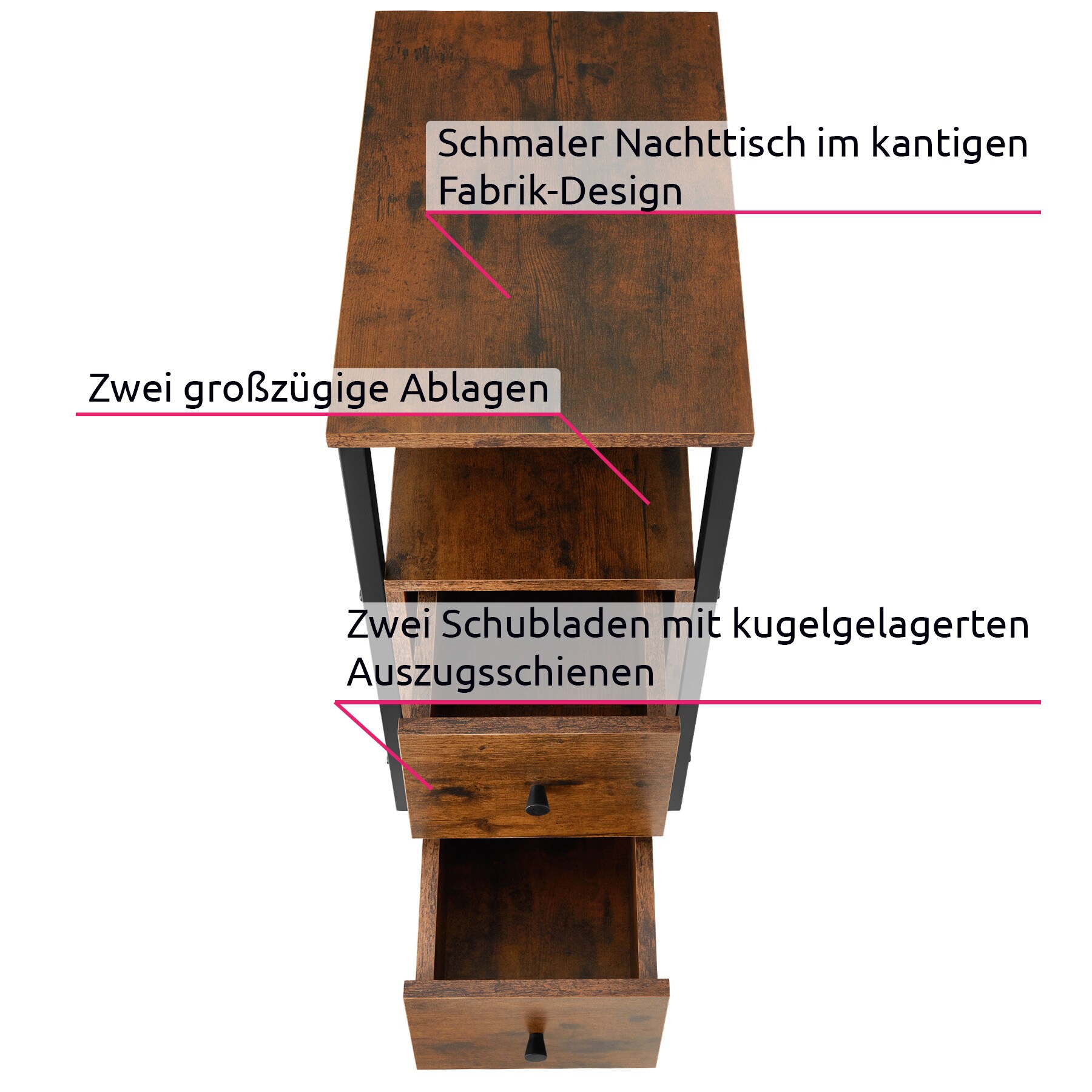 tectake® Nachttisch, Industrial Style, 2 Ablagen und 2 Schubladen, 30 x 49,5 x 61,5 cm