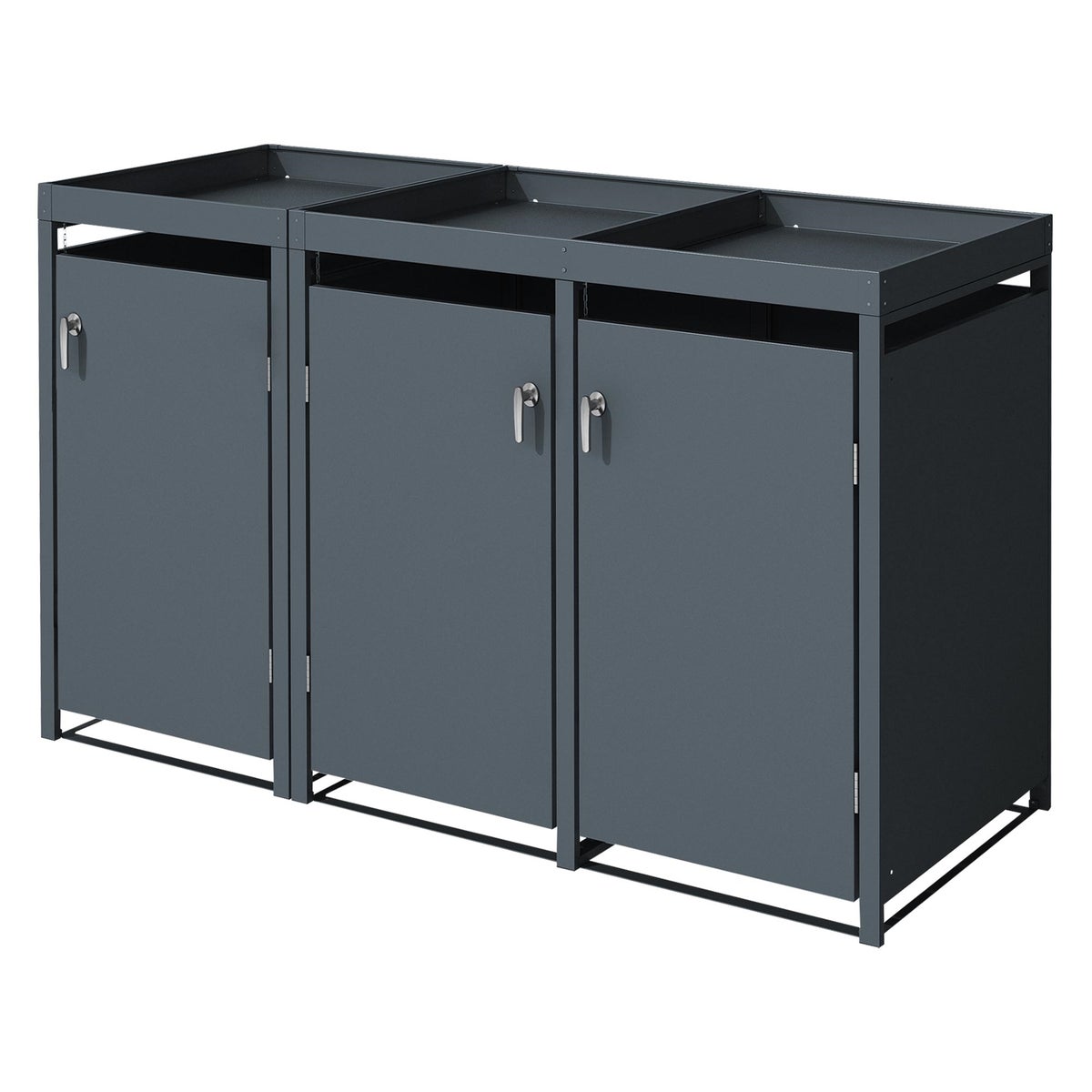 ML-Design 3-baks afvalcontainer met groen dak voor 3 afvalbakken, 240L, 200x80x124cm, antraciet, staal, weerbestendig, afsluitbare afvalbakbehuizing met deur, afvalbakbox, afvalbakcontainer, afvalbakdeksel