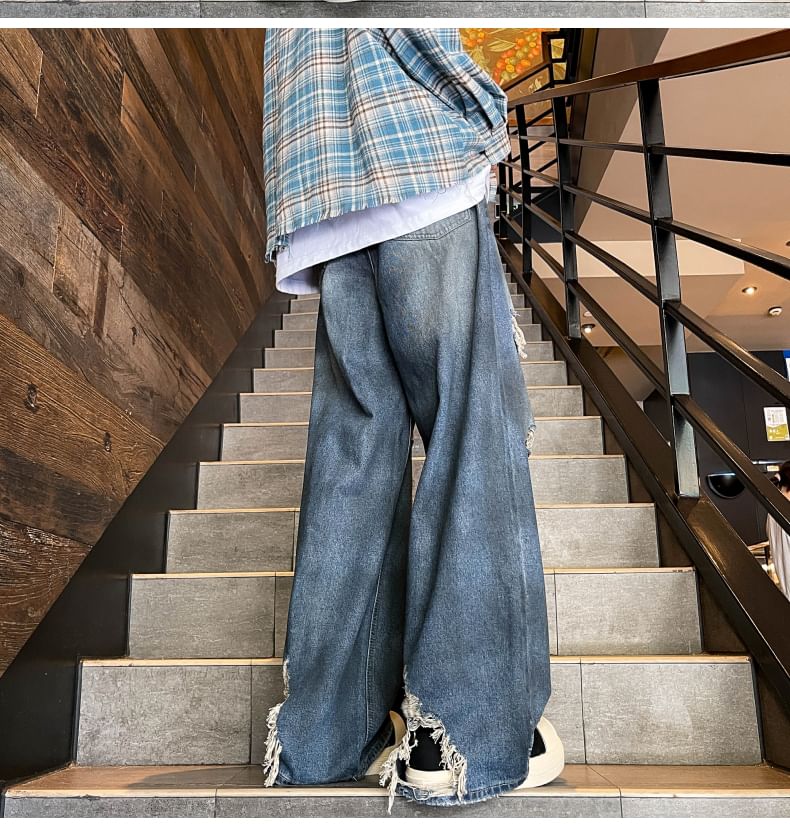 Antaeus - Mid Rise Distressed Wide Leg Jeans