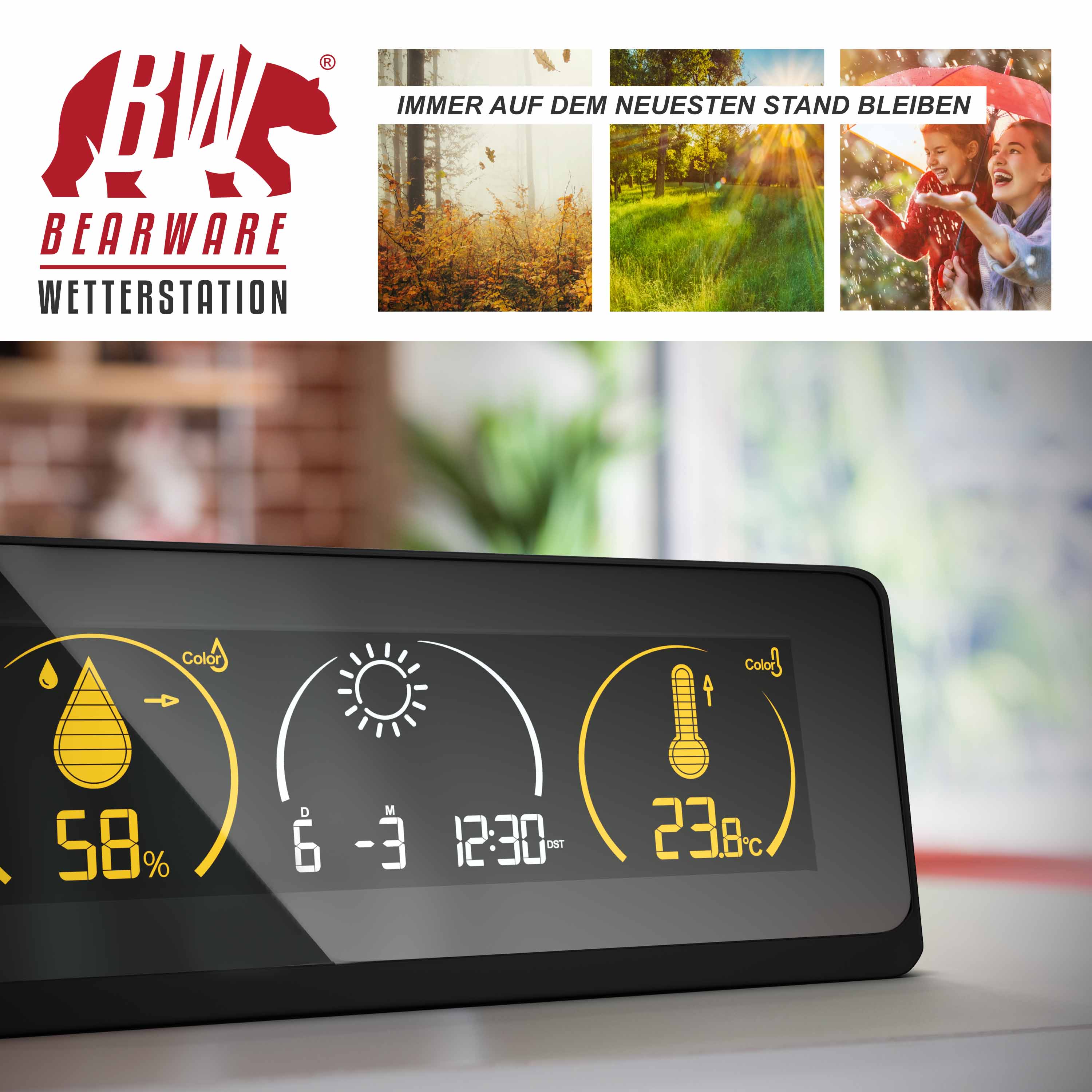 BEARWARE Wetterstation mit Außensensor, Funkwetterstation mit Farbdisplay Wetterstation & Netzteil