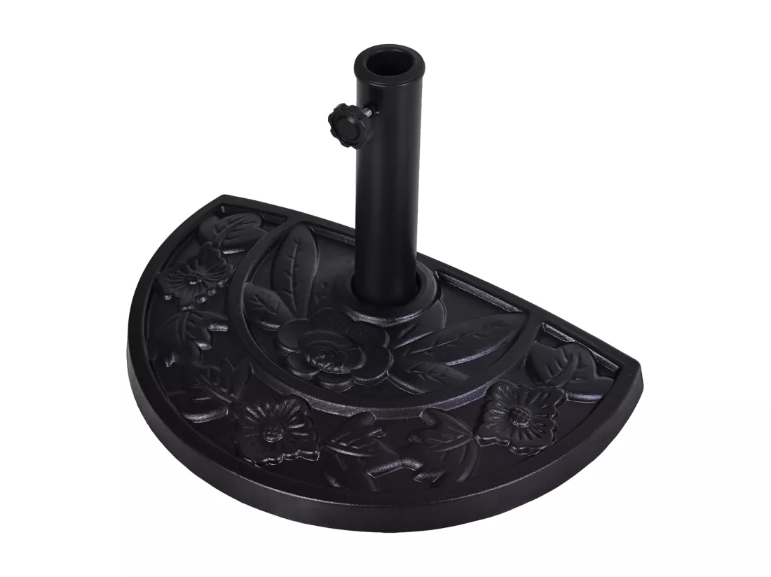 Pied de parasol base de lestage parasol demi-cercle résine imitation fonte motif fleur 50L x 31l x 32H cm noir