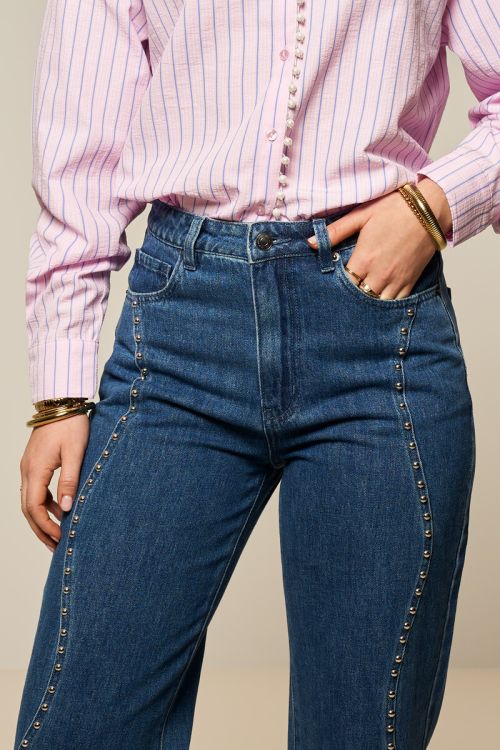 Donkerblauwe wide leg jeans met wavy studs