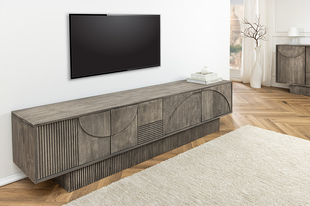 Massivholz TV-Lowboard ART DECO 200cm grau smoked Mangoholz 3D-Front