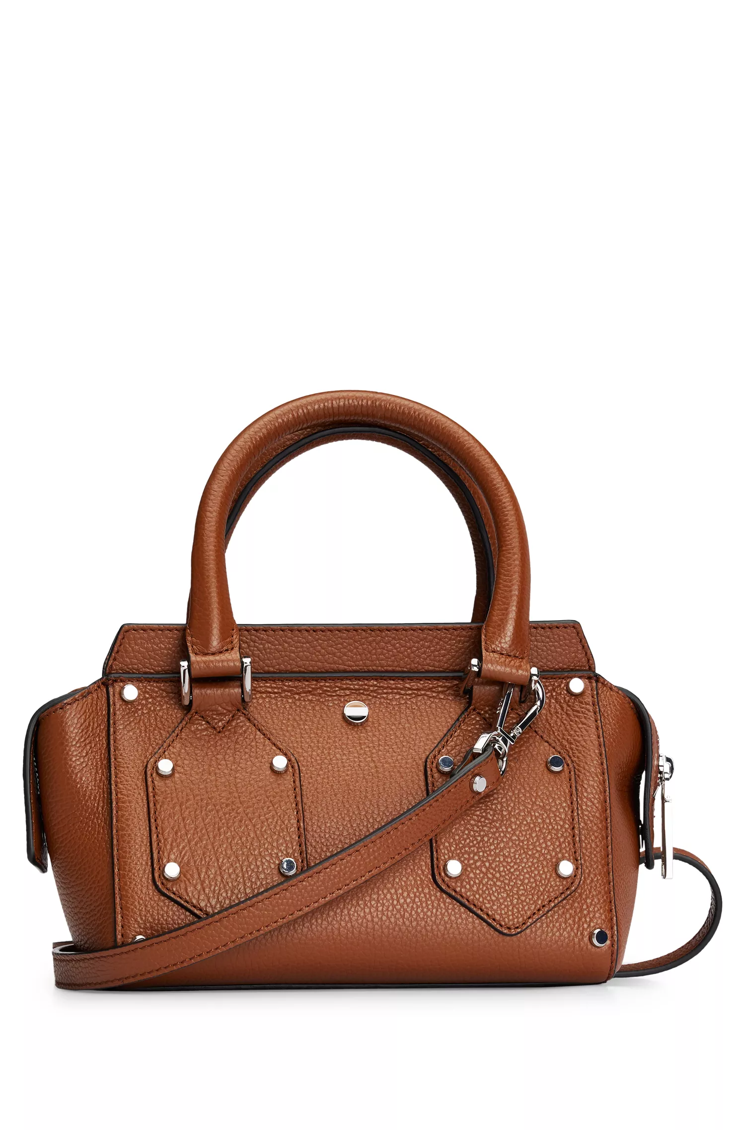 Bolsa tote mini BOSS em couro granulado preto com rebites de metal.