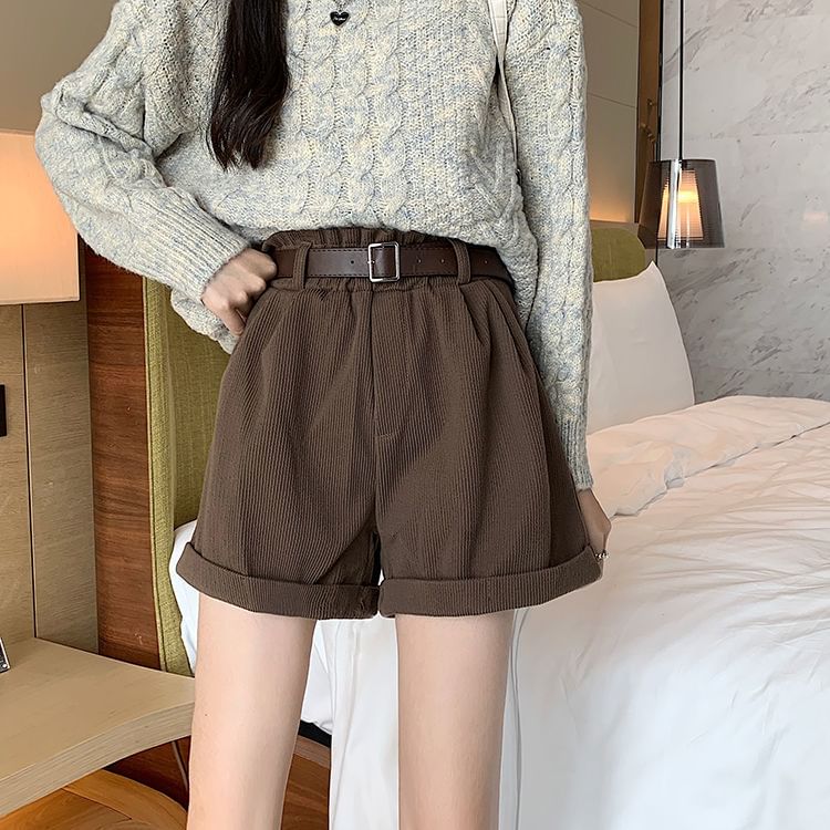 Polygato - Hoge taille effen corduroy wijde pijpen shorts / riem / set