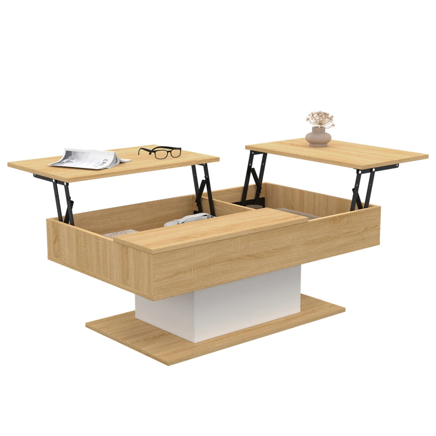 Table basse 2 plateaux relevables rectangulaire EDEN bois et blanc