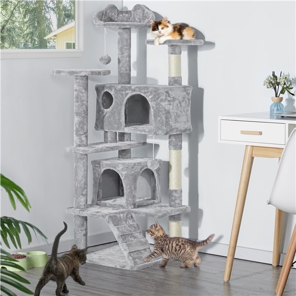 Yaheetech Kratzbaum 138 cm Kletterbaum Katzenkratzbaum mit 3 Aussichtsplattformen und 2 Plüschhöhlen Stabil Katzenbaum für Kleine und mittelgroße Katzen