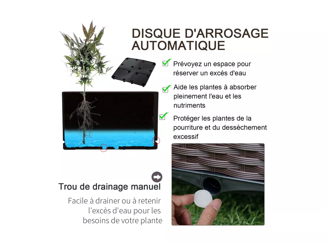 Jardinière sur roulettes dim. 40L x 40l x 31H cm insert d'irrigation plastique imitation rotin tressé chocolat