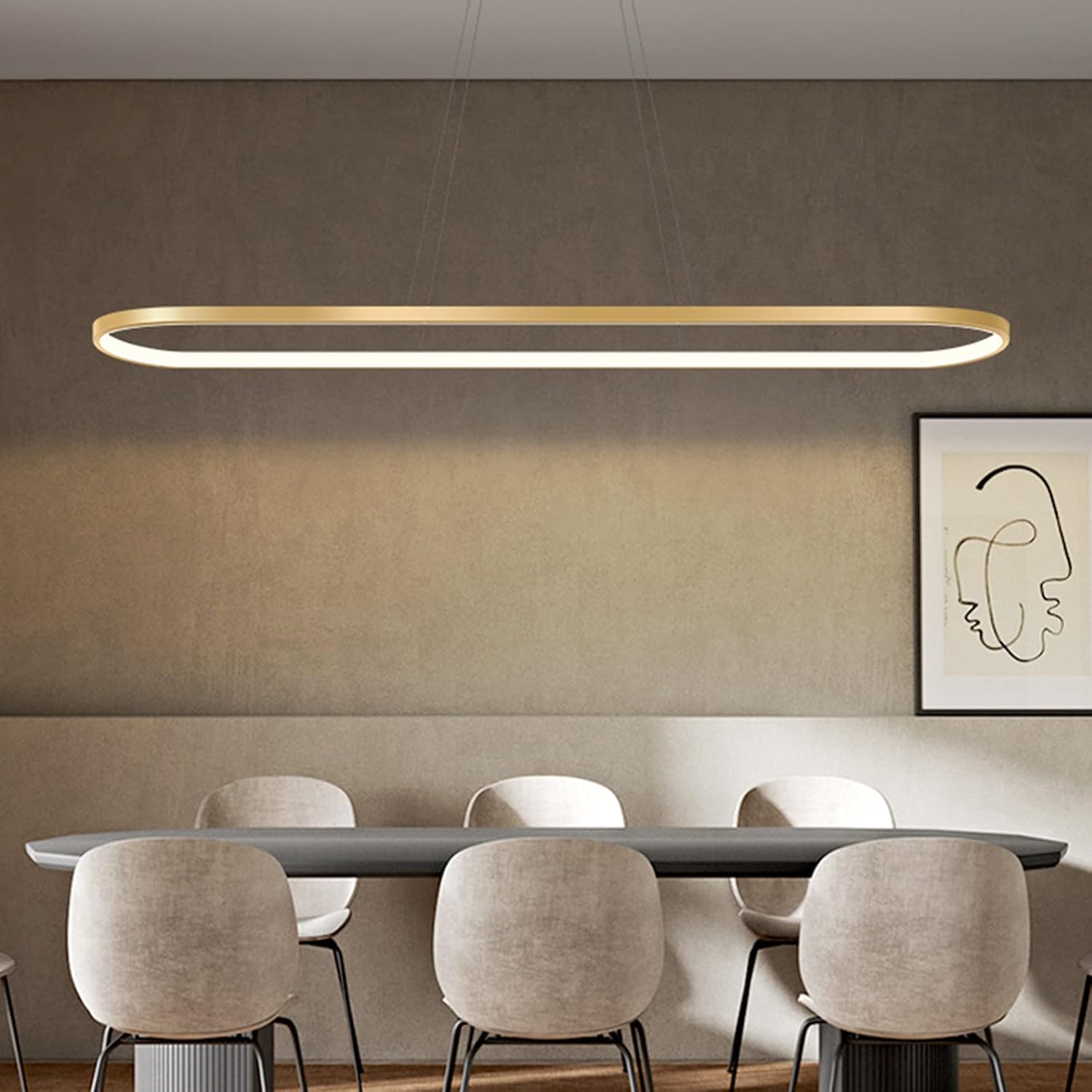 Pendelleuchte Oval Esstisch Büro Lampen, LED Hängeleuchte Dimmbar Deckenleuchte mit Fernbedienung, Modern Ring Design Kronleuchter für Esszimmer Küchenlampe Blendfrei (L90cm, Gold)