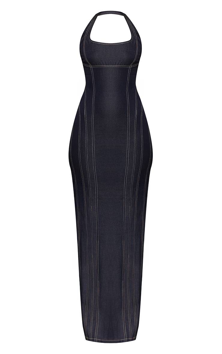 Bleu Marine Robe Longue Moulante À Col Licou Avec Détails De Coutures Contrastées