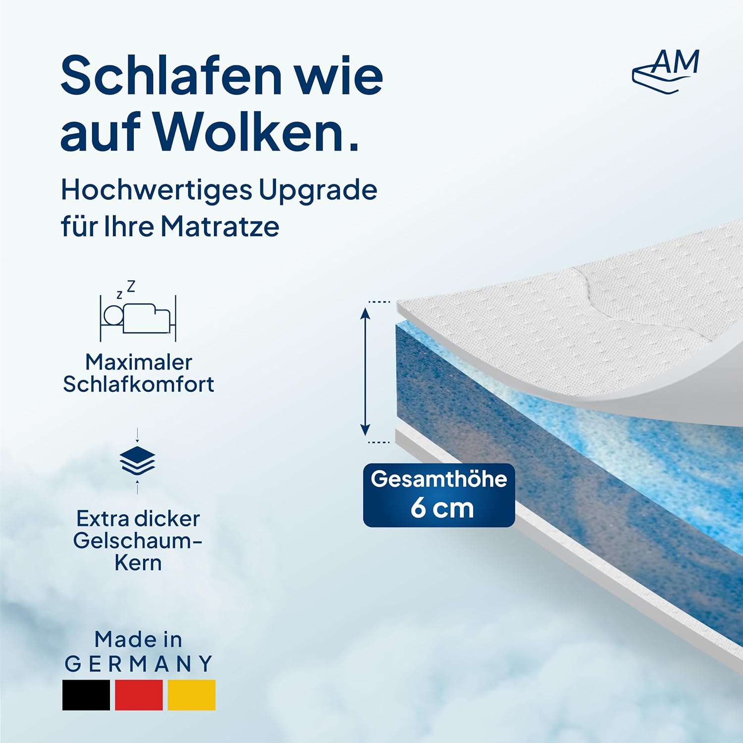 AM Qualitätsmatratzen Gel Topper 100x200 - Made in Germany - Gelschaum Topper 100x200cm mit waschbarem Bezug - Oeko TEX zertifizierter Memory Foam Matratzentopper 100x200 - Matratzenauflage weich