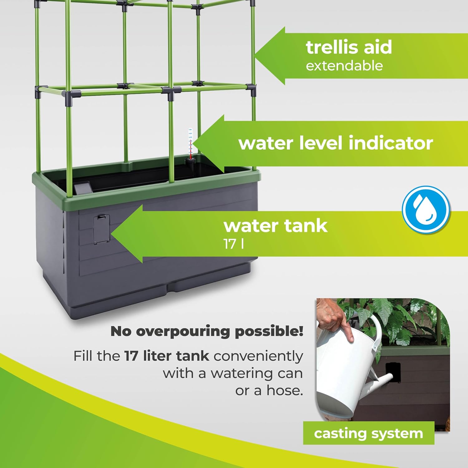 Bio Green Pflanzkübel CITYJUNGLE | Hochbeet für Balkon und Terrasse | Wasserspeicher und Rankhilfe integriert | Blumenkasten für Gemüse und Kräuter | 62 x 33 x 128 cm