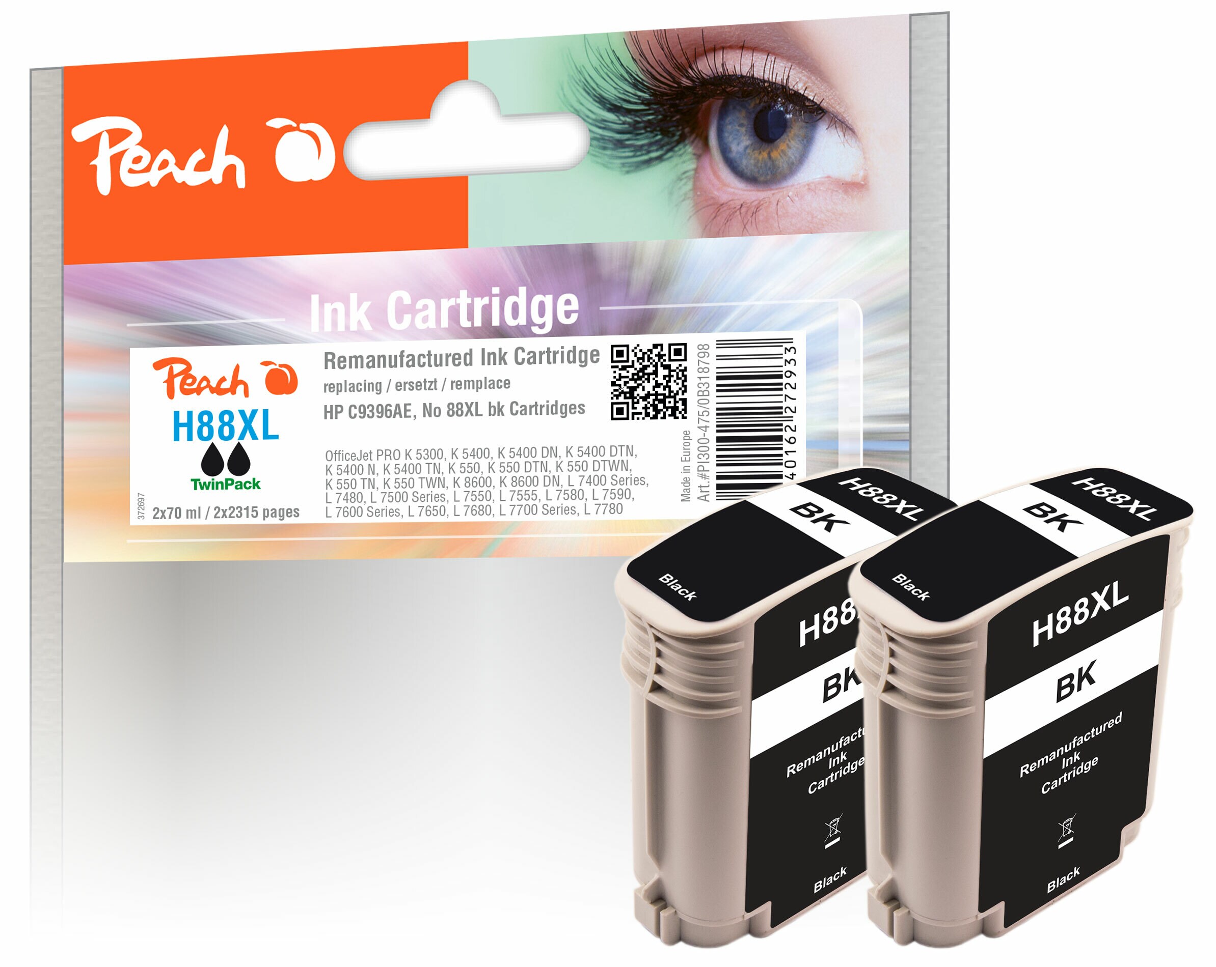 Peach HP 88 XLbk 2 Druckerpatronen XL 2*bk ersetzt HP No. 88XL bk*2, C9396AE*2 für z.B. HP OfficeJet Pro K 5300, HP OfficeJet Pro K 5400 (wiederaufbereitet)
