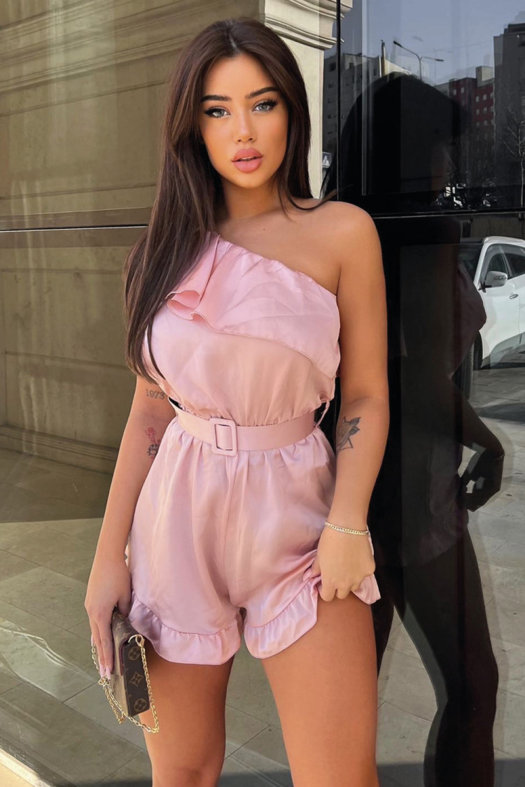 Combishort bustier rose clair satiné ceinturée