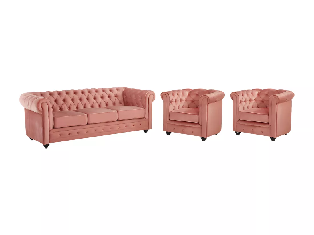 Canapé 3 places et 2 fauteuils CHESTERFIELD - Velours rose pastel