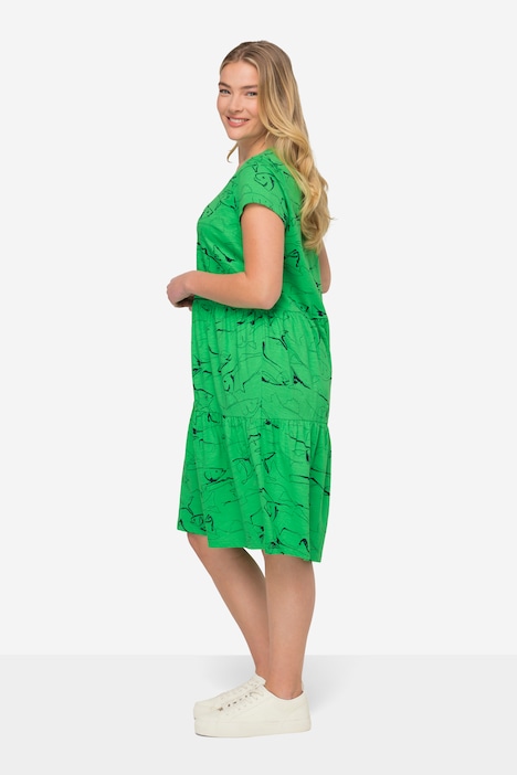 Jerseykleid, A-Line, Fische-Print, Rundhals, Volants, Halbarm