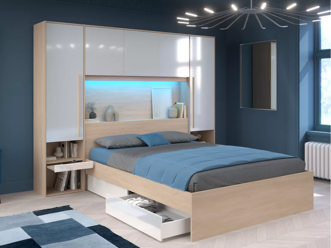 Lit pont 160 x 200 cm avec rangements - avec LEDs - Coloris : Naturel et blanc brillant + Sommier + Matelas - VELONA