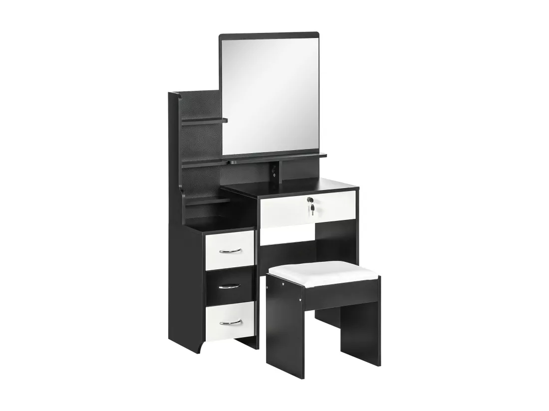 Ensemble coiffeuse tabouret design contemporain multi-rangement 4 tiroirs 4 étagères grand miroir noir blanc