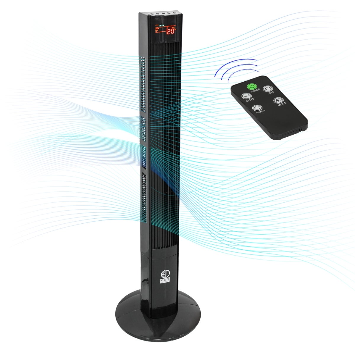 ECD Germany Torenventilator met LED-display en afstandsbediening XL, 45W, 116 cm, zwart, met 3 snelheidsstanden en ventilatiestanden, 140° oscillatie, staande ventilator, kolomventilator