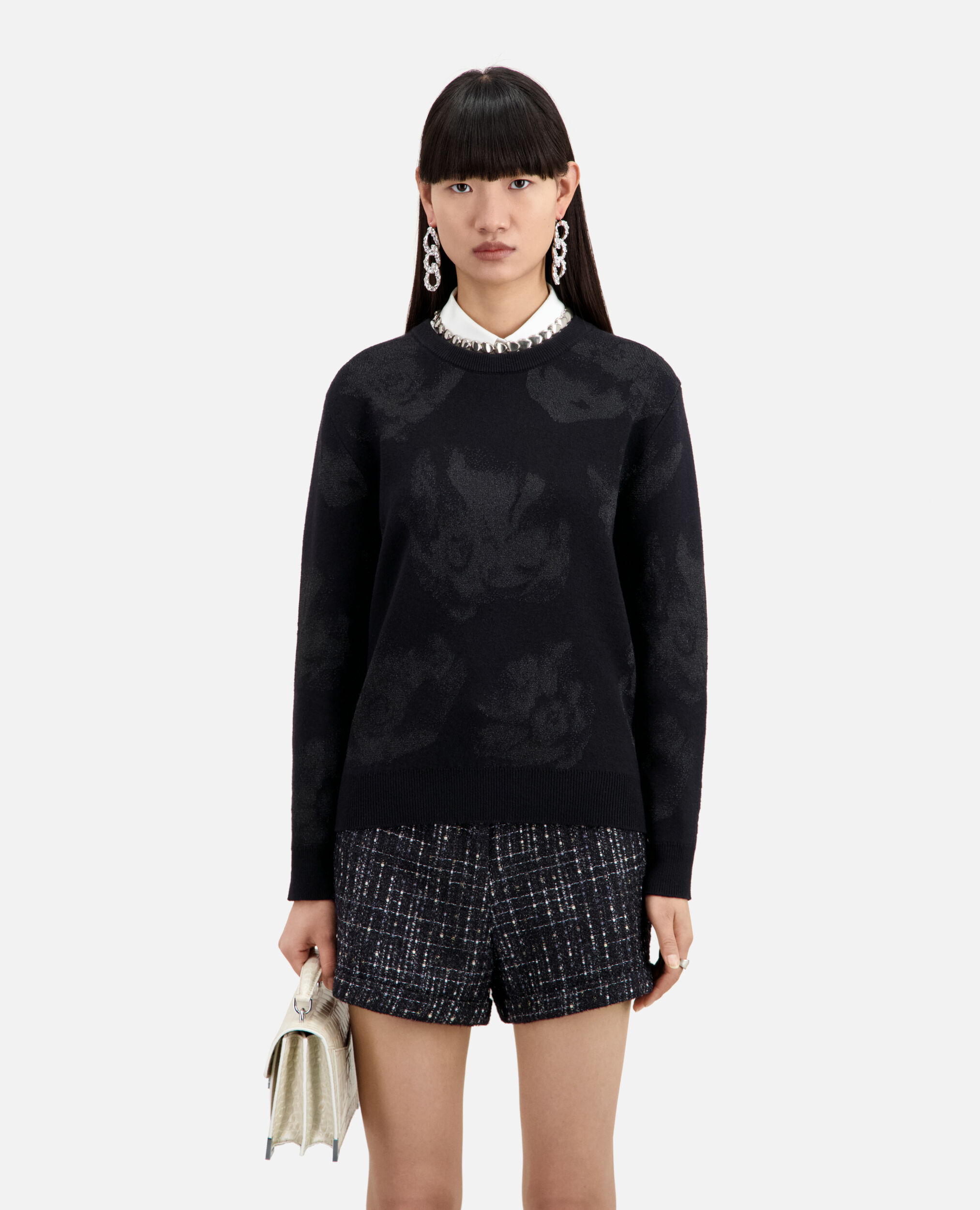 Black wool-blend jumper with silver patterns