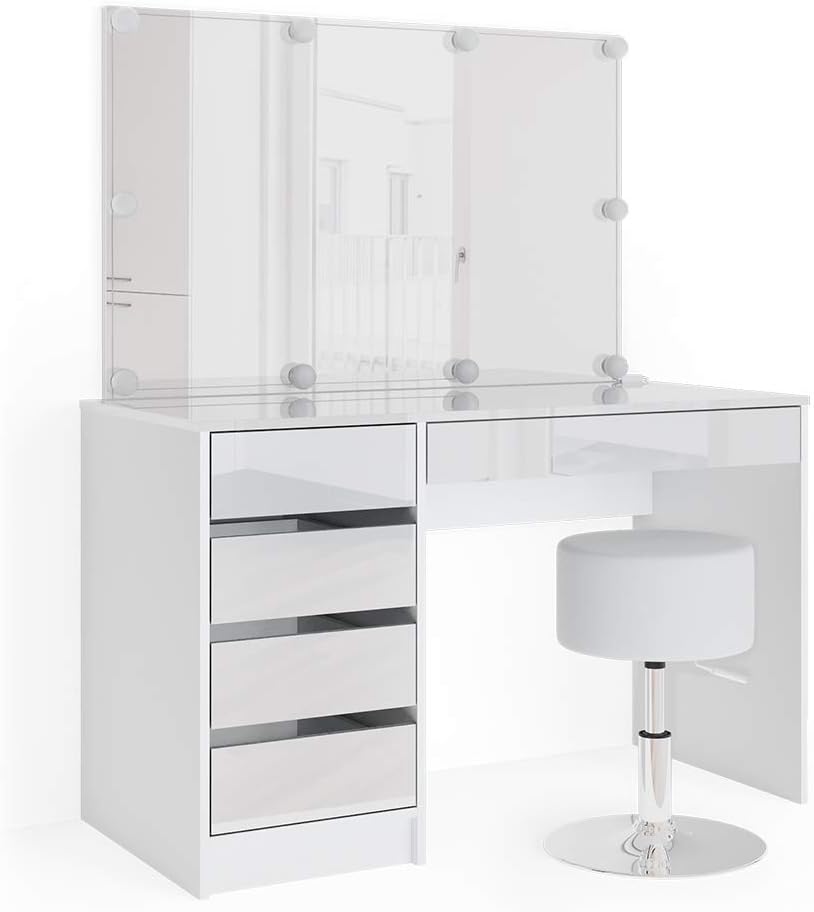 Vicco Schminktisch Sherry, Weiß, 120 cm mit LED Beleuchtung und Hocker